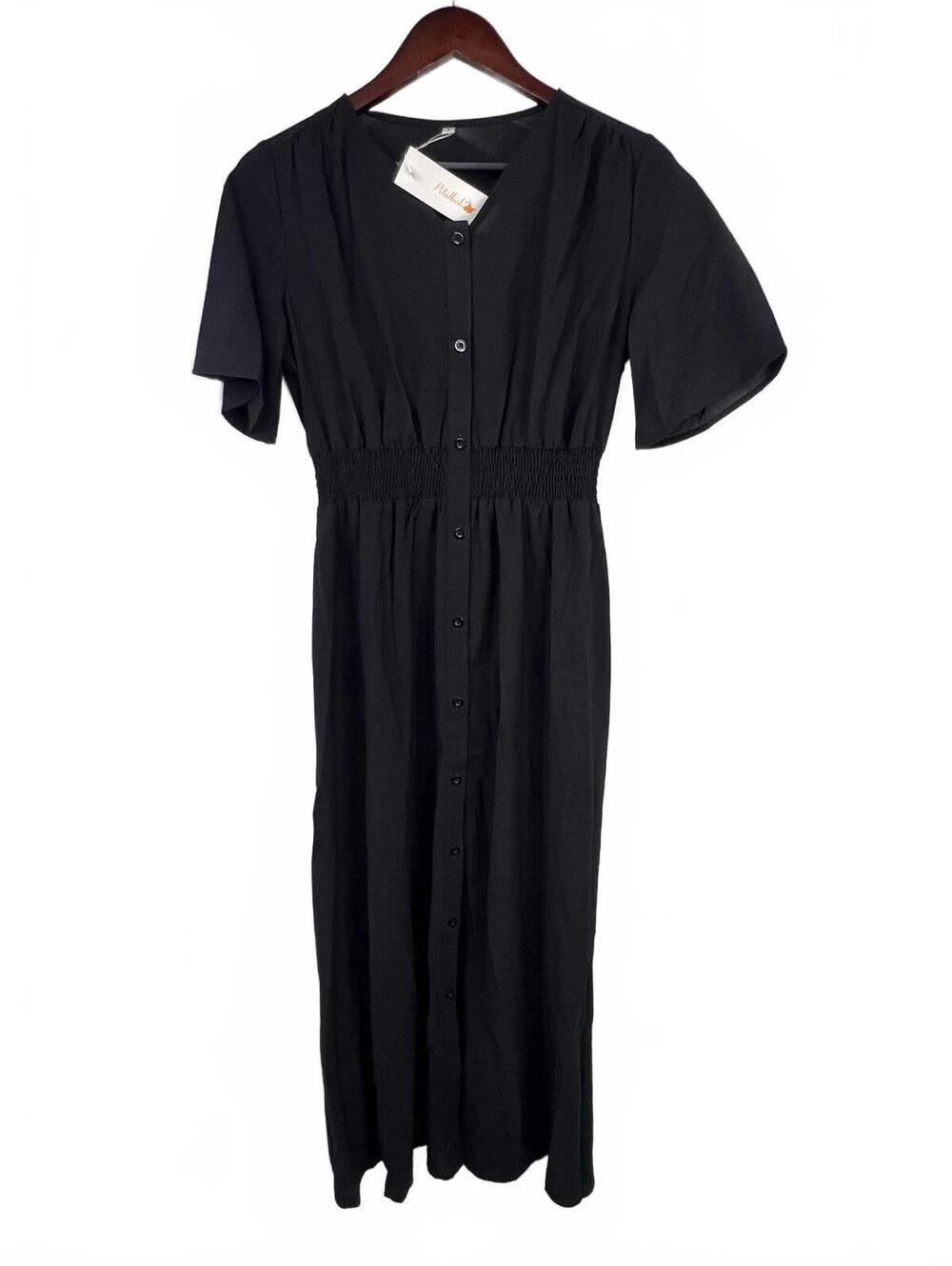 Petallush Size S Black Half Sleeve V-Neck Smocked Waist Button Front Maxi Dress